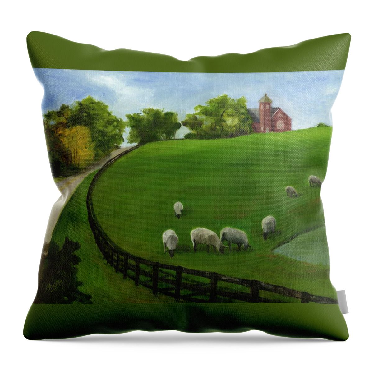 Farm Scenes. Pasture Scenes Throw Pillow featuring the painting Sheep May Safely Graze by Deborah Butts