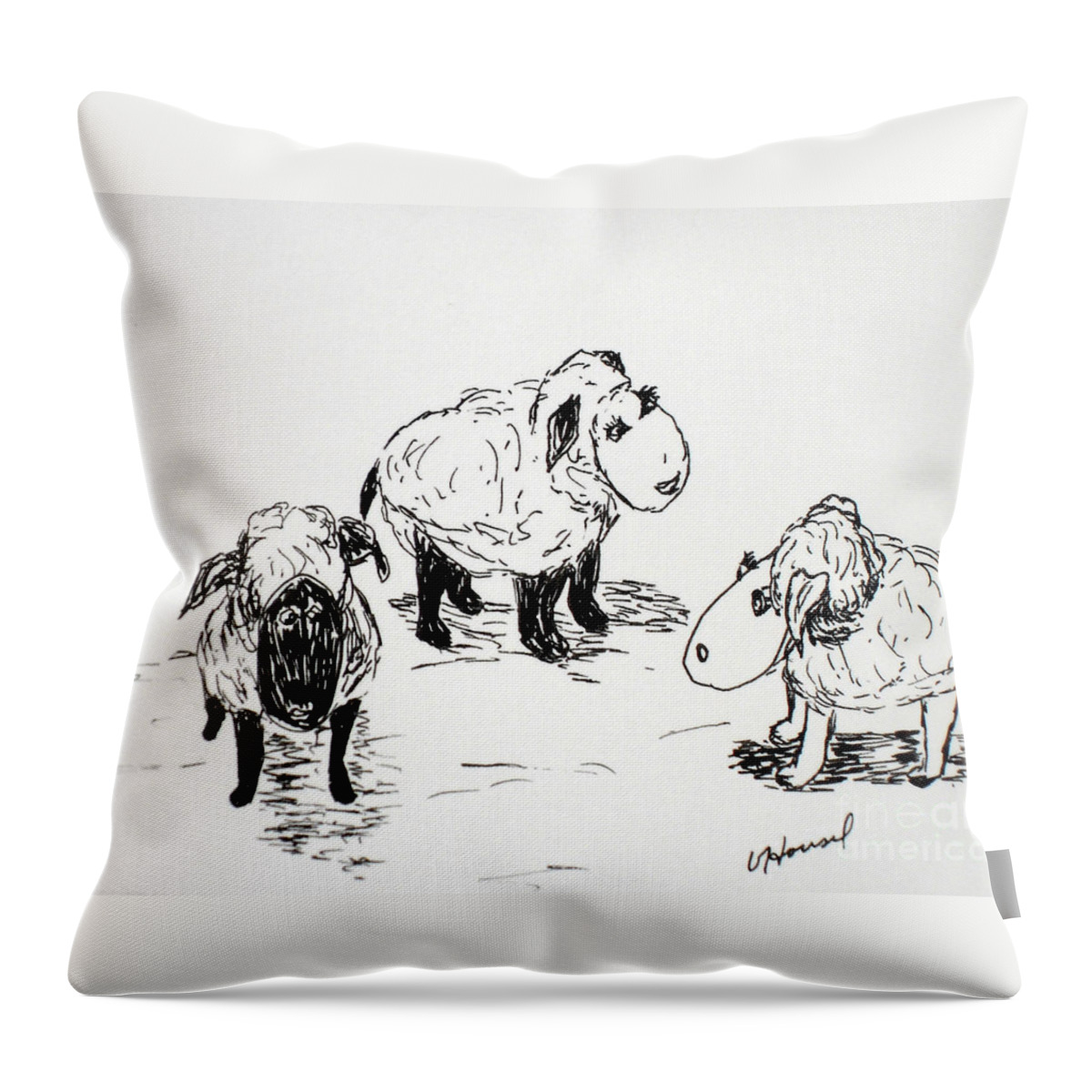Sheepish Throw Pillow featuring the drawing Sheep Trio by Vicki Housel