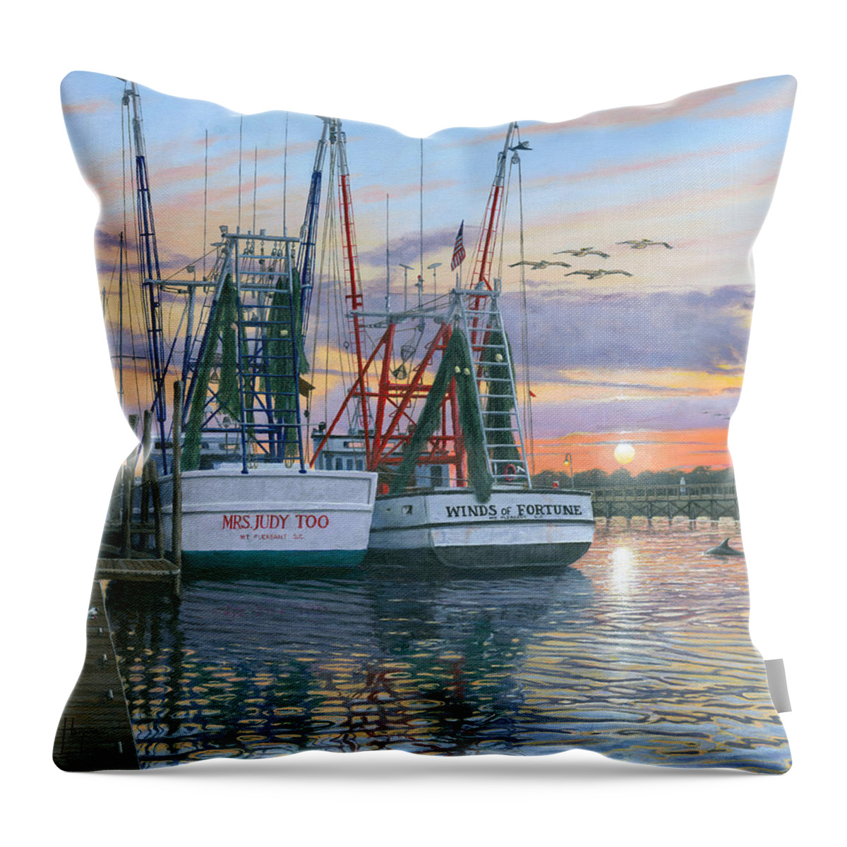 Painting For Sale Throw Pillow featuring the painting Shem Creek Shrimpers Charleston by Richard Harpum
