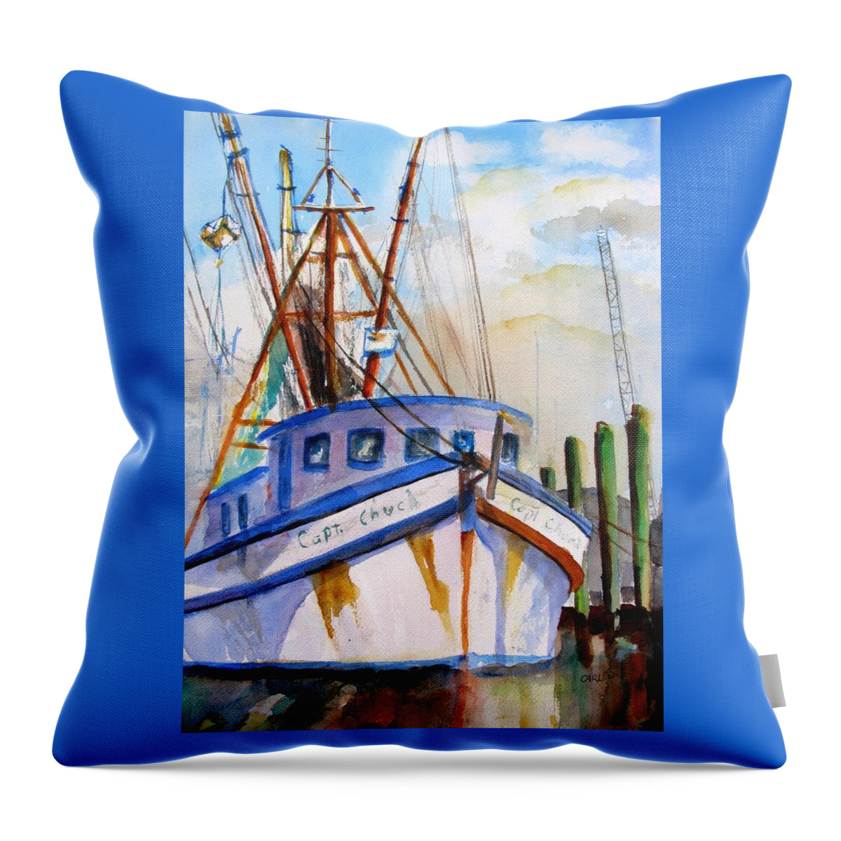 Boat Throw Pillow featuring the painting Shrimp Fishing Boat by Carlin Blahnik CarlinArtWatercolor