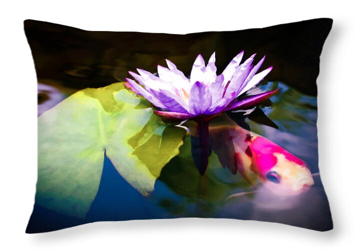 Goldfish Throw Pillow featuring the photograph Shubunkin Goldfish With Waterlily by Priya Ghose