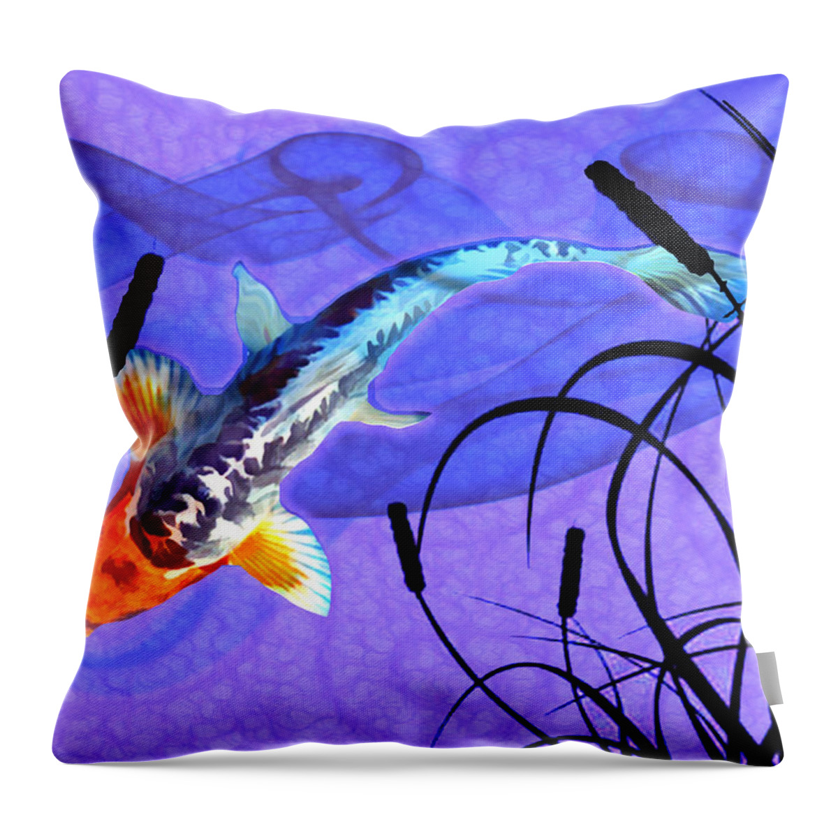 Koi Throw Pillow featuring the painting Shusui Koi inSwirling Watercolor Background with Plant Shadows by Elaine Plesser
