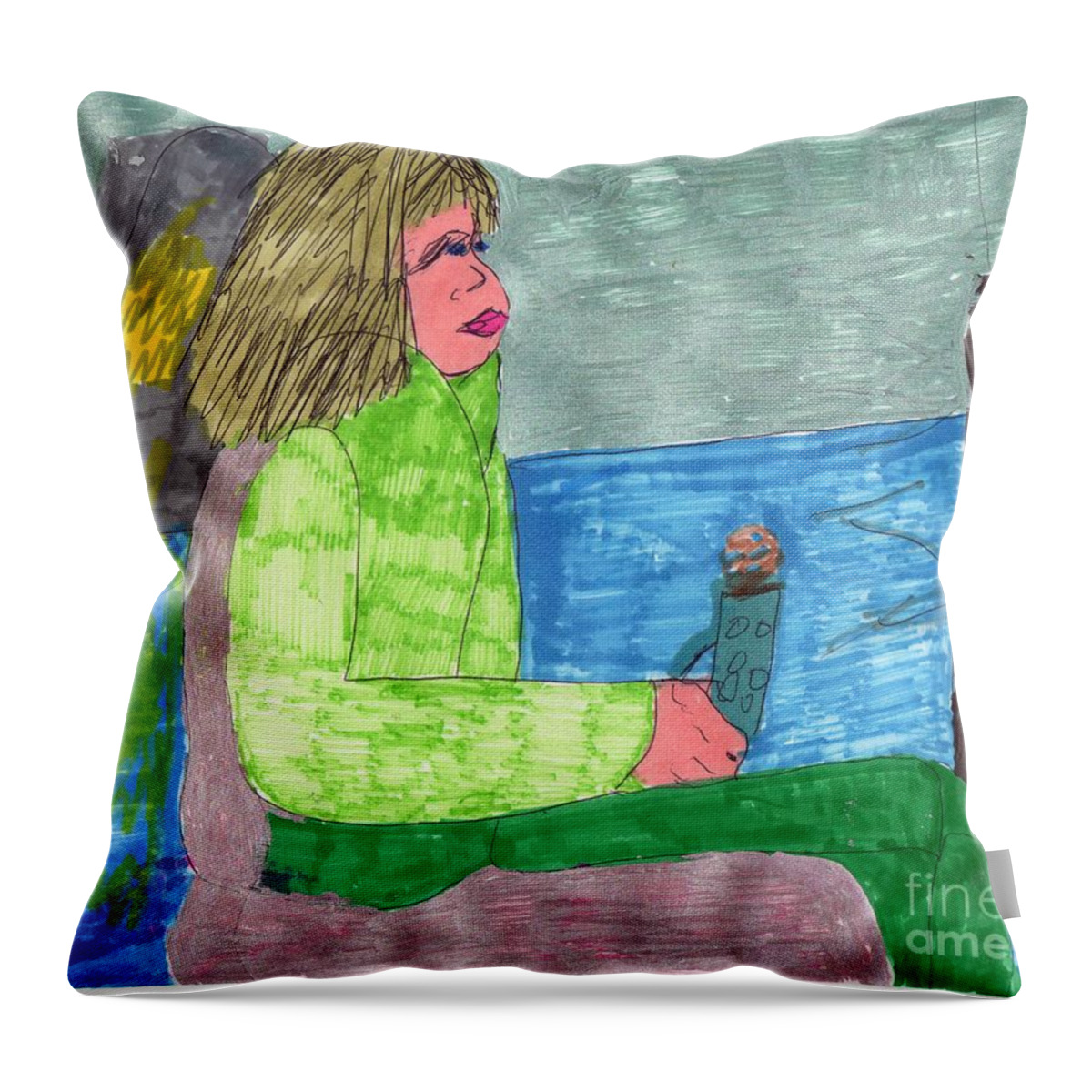Lady Watching Tv Throw Pillow featuring the mixed media Sick with a Cold by Elinor Helen Rakowski
