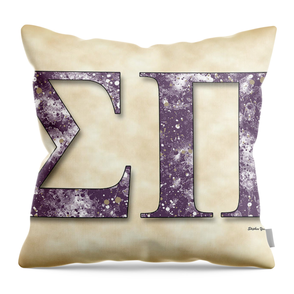 Sigma Pi Throw Pillow featuring the digital art Sigma Pi - Parchment by Stephen Younts
