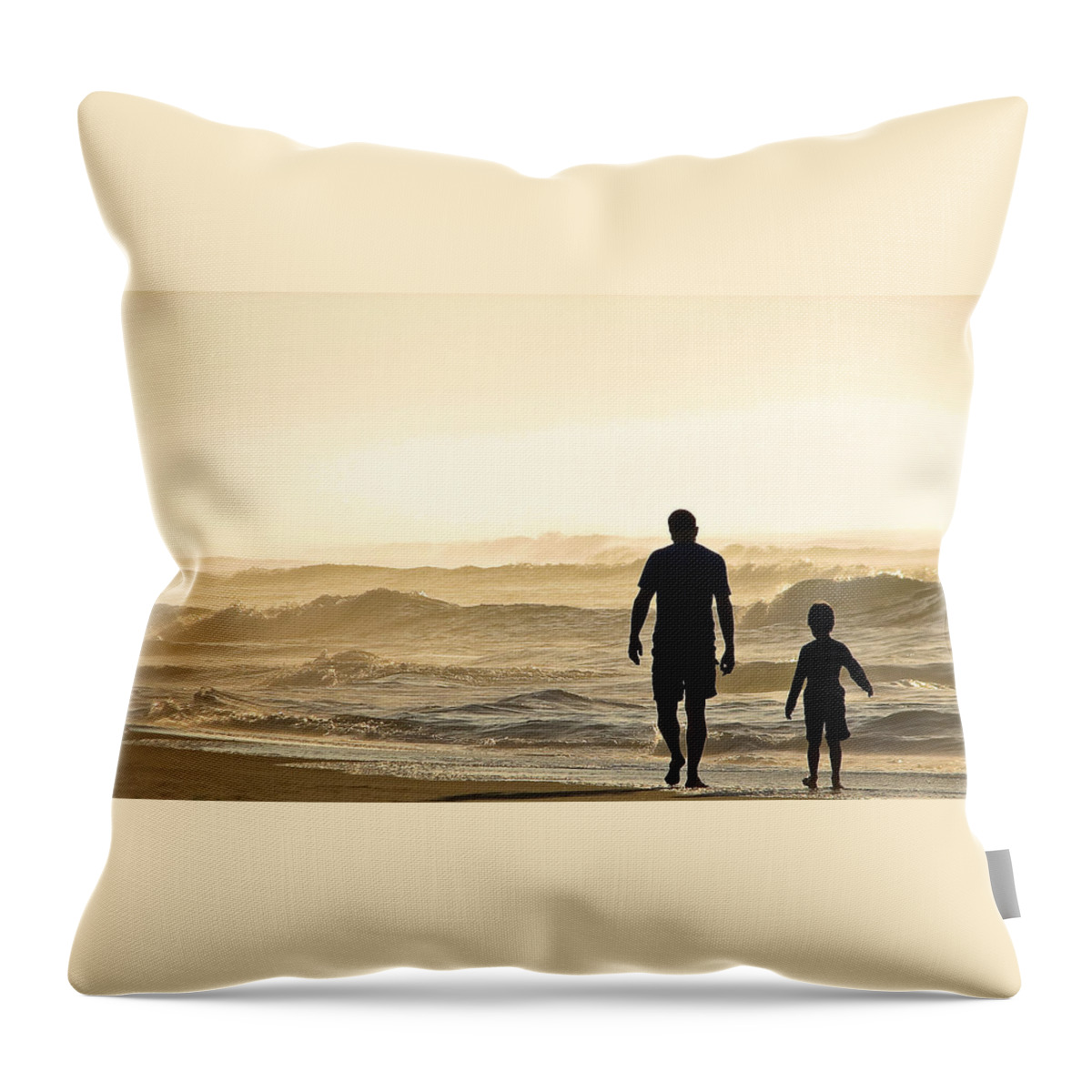 Ocean-walk Throw Pillow featuring the photograph Silhouetted Father and Son Walk Beach by Jo Ann Tomaselli
