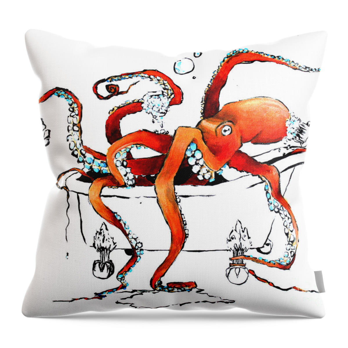 Octopus Throw Pillow featuring the painting Silly Octopus taking a bath by Arleana Holtzmann
