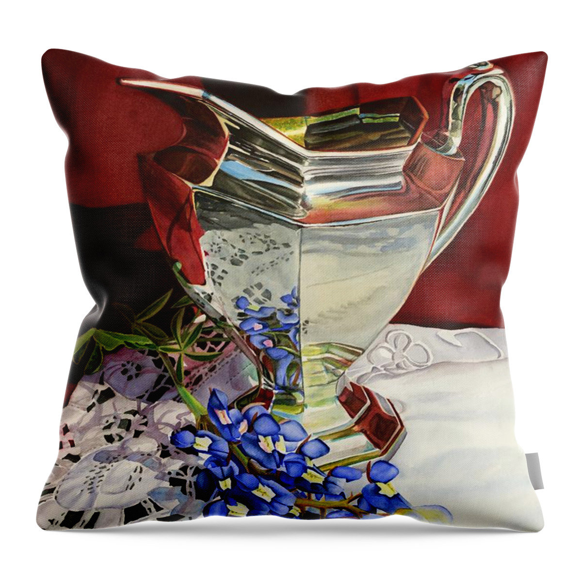 Silver Pitcher Throw Pillow featuring the painting Silver Pitcher and Bluebonnet by Hailey E Herrera