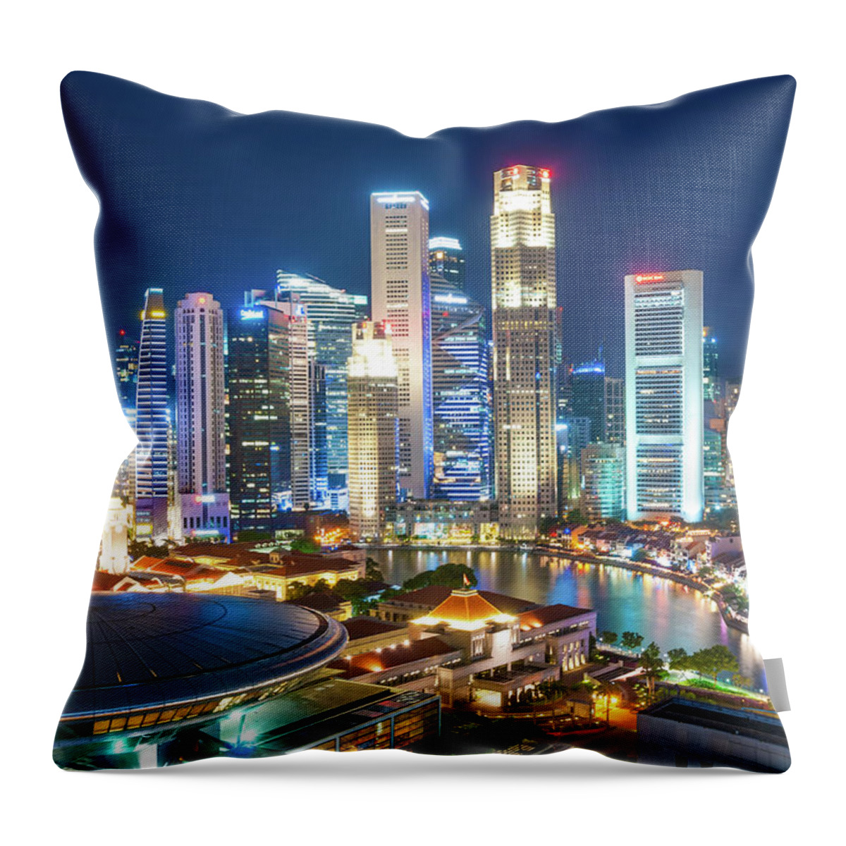 Panoramic Throw Pillow featuring the photograph Singapore At Dusk by Primeimages