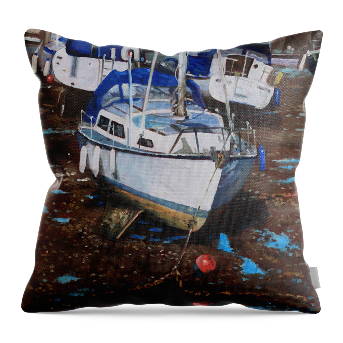 Boats Throw Pillow featuring the painting Single Boat on Eling Mudflats by Martin Davey
