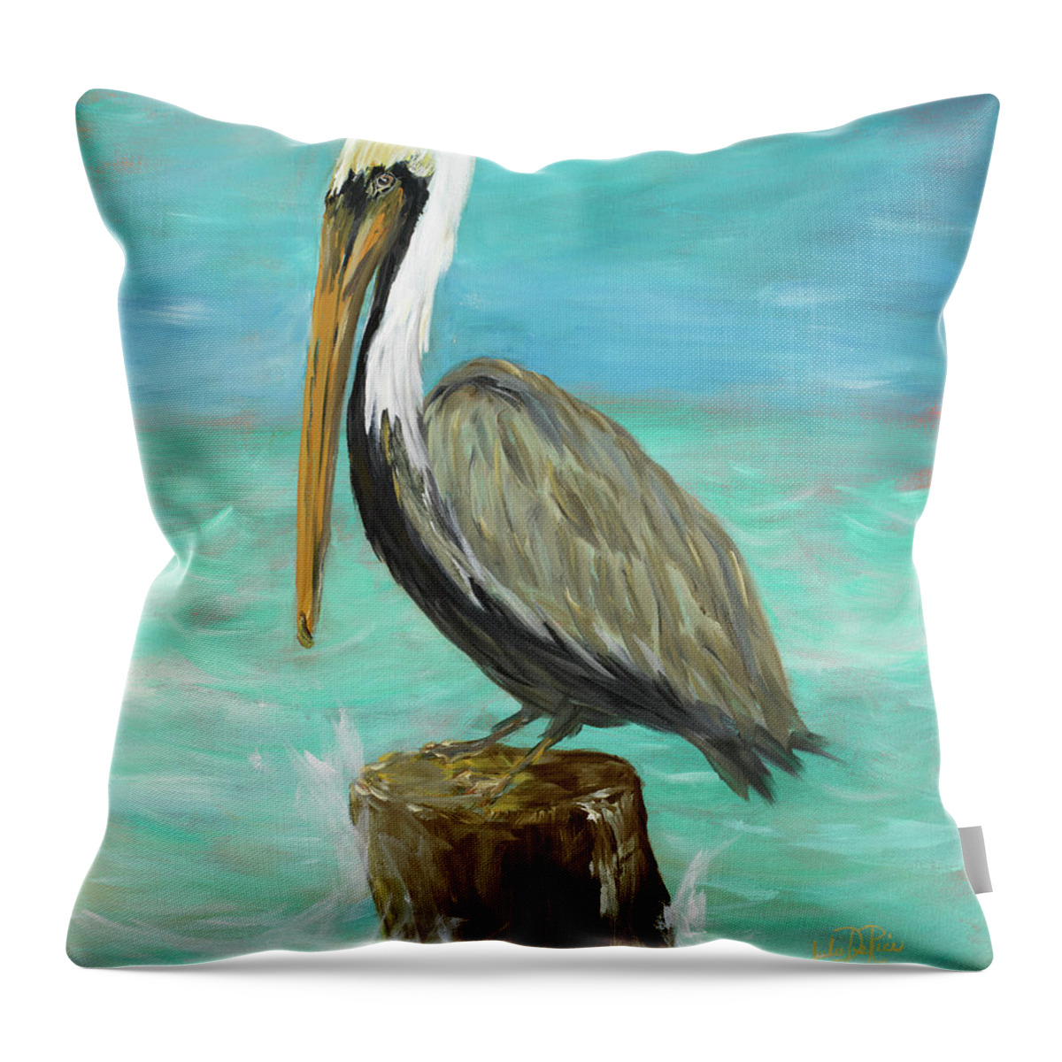 Single Throw Pillow featuring the painting Single Pelican On Post by Julie Derice