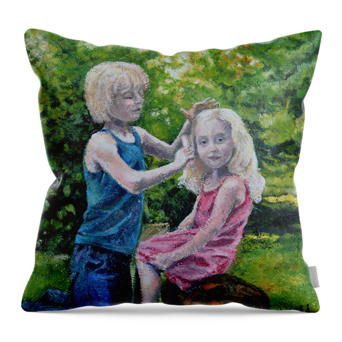 Girls Throw Pillow featuring the painting Sisters by Elaine Berger