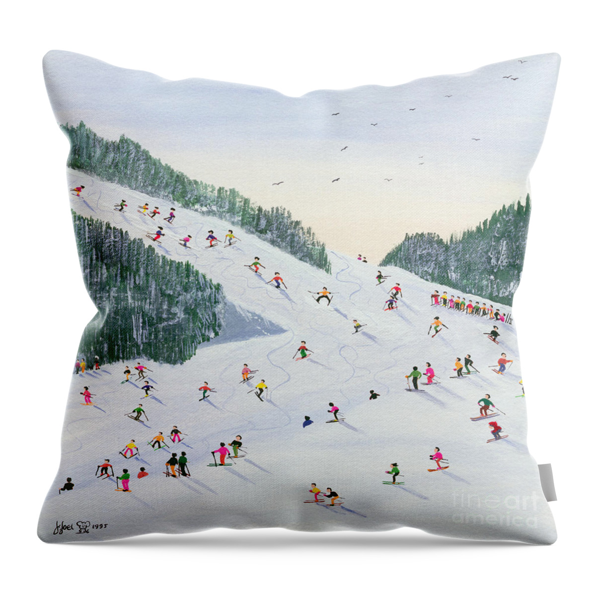 Landscape; Ski School; Naive; Evening; Snow Throw Pillow featuring the painting Ski vening by Judy Joel