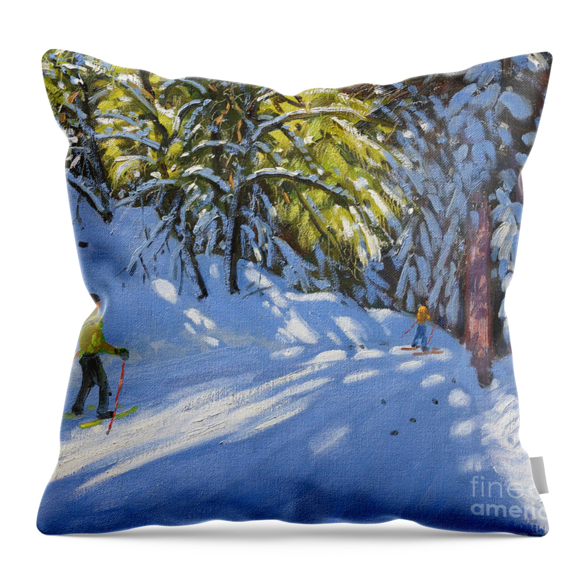 Winter Throw Pillow featuring the painting Skiing through the Woods La Clusaz by Andrew Macara