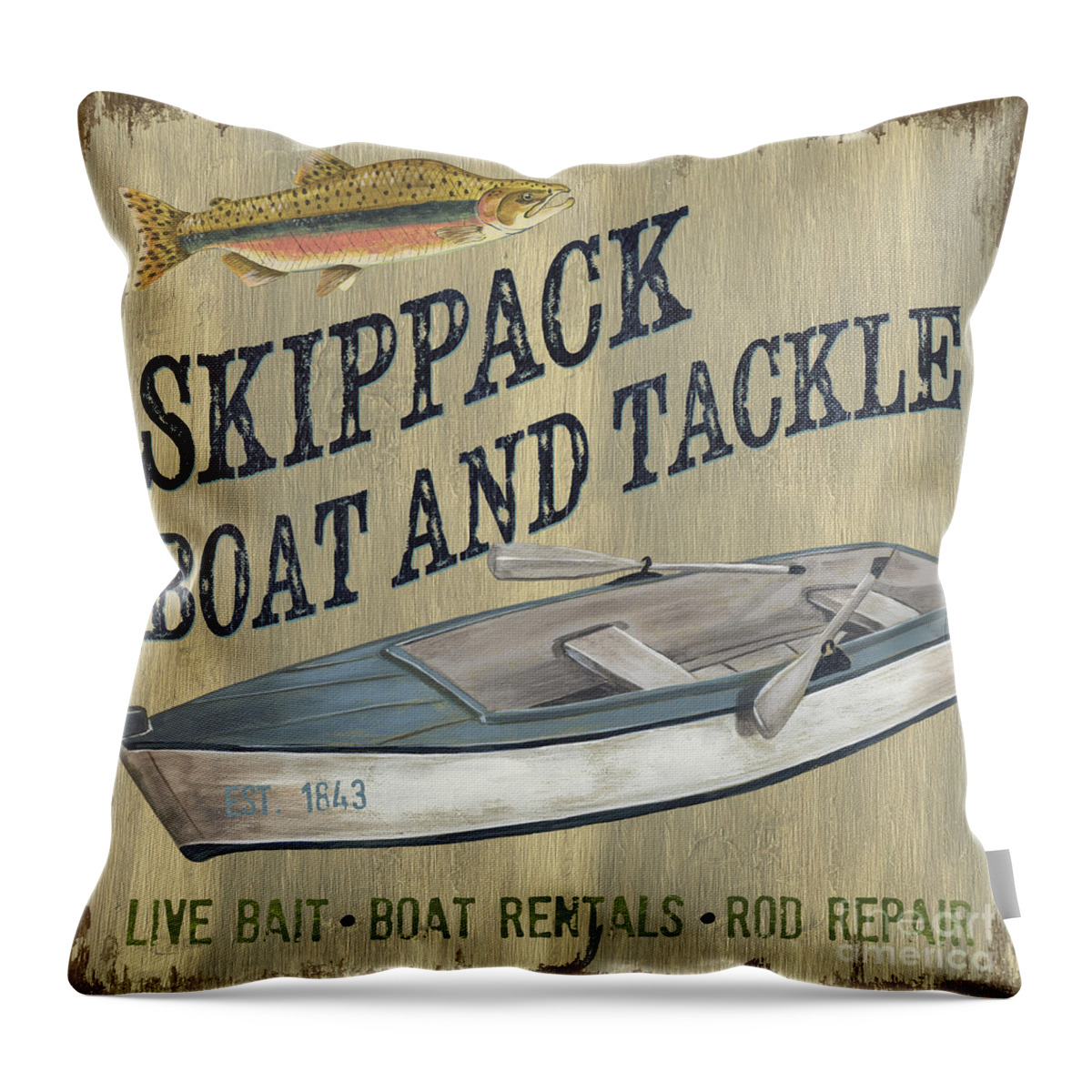Lodge Throw Pillow featuring the painting Skippack Boat and Tackle by Debbie DeWitt