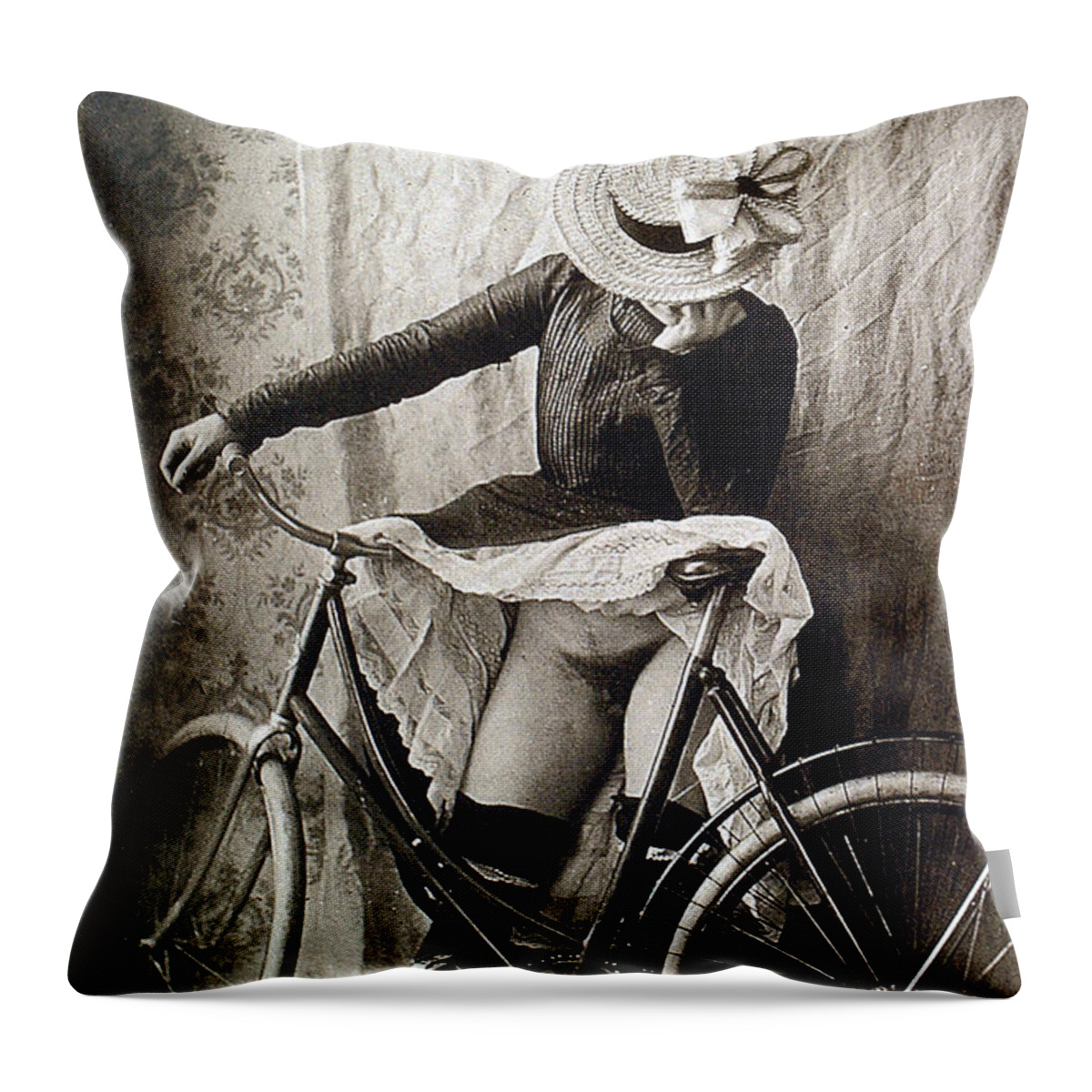Skirt Up Bicycle Rider Throw Pillow featuring the photograph Skirt UP Bicycle Rider by Unknown