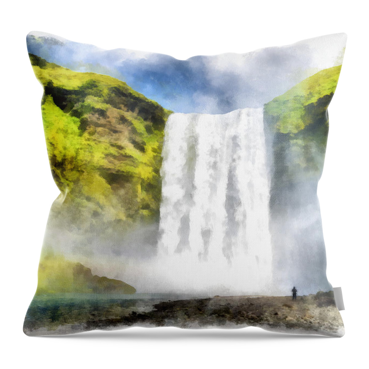 Iceland Throw Pillow featuring the painting Skogafoss waterfall Iceland painting aquarell watercolor by Matthias Hauser