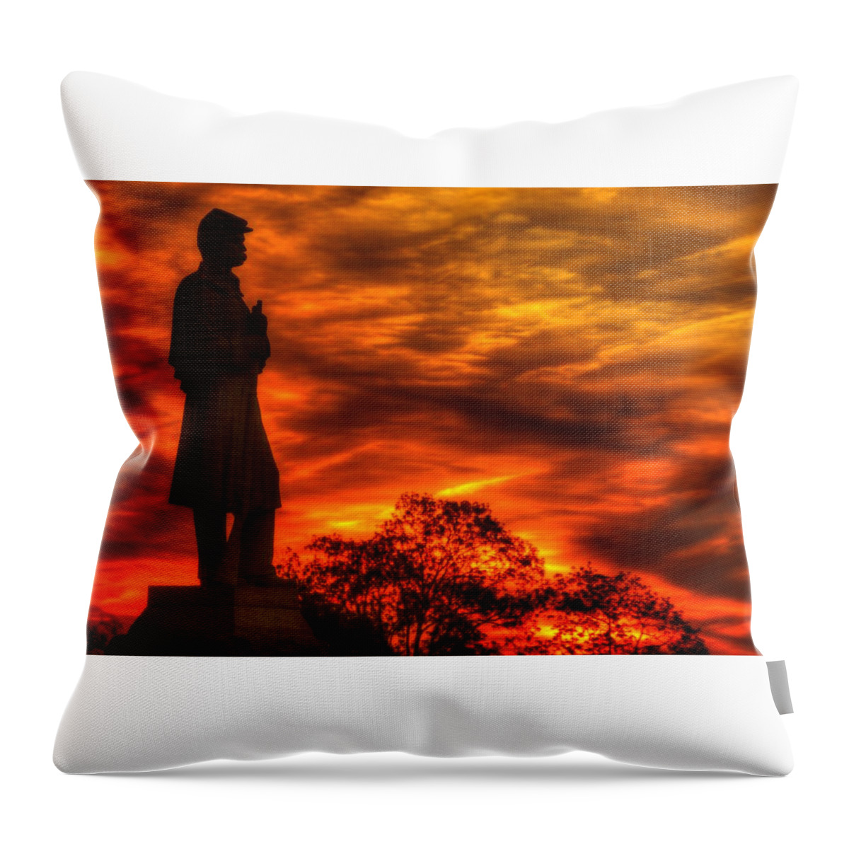 Civil War Throw Pillow featuring the photograph Sky Fire - West Virginia at Gettysburg - 7th WV Volunteer Infantry Vigilance on East Cemetery Hill by Michael Mazaika
