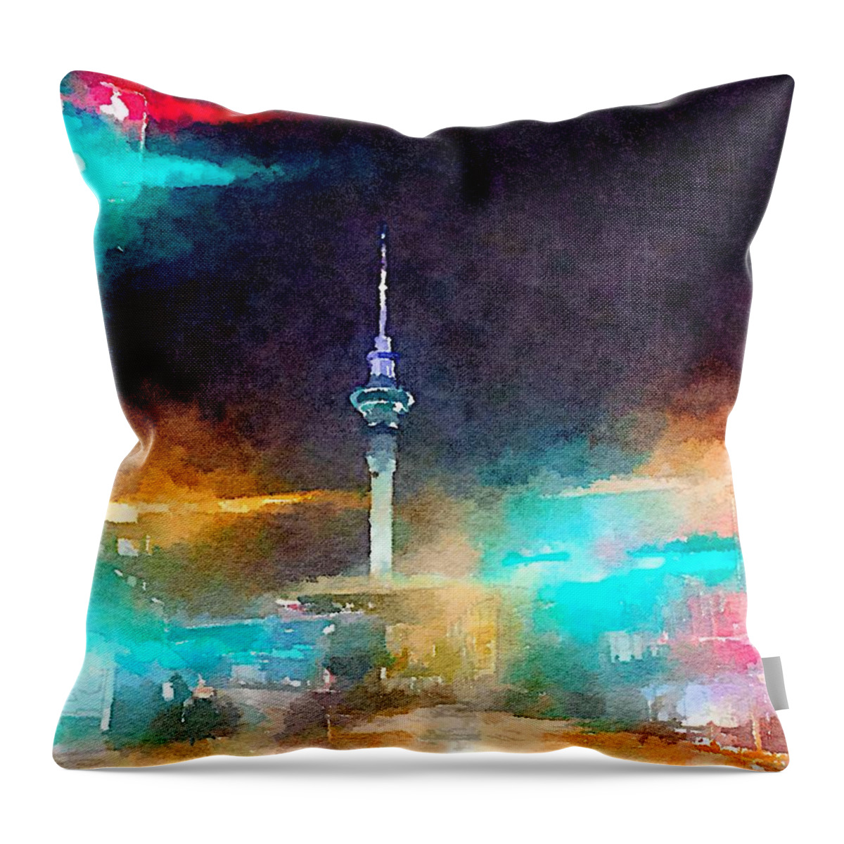 Sky Tower Throw Pillow featuring the painting Sky Tower by night by HELGE Art Gallery