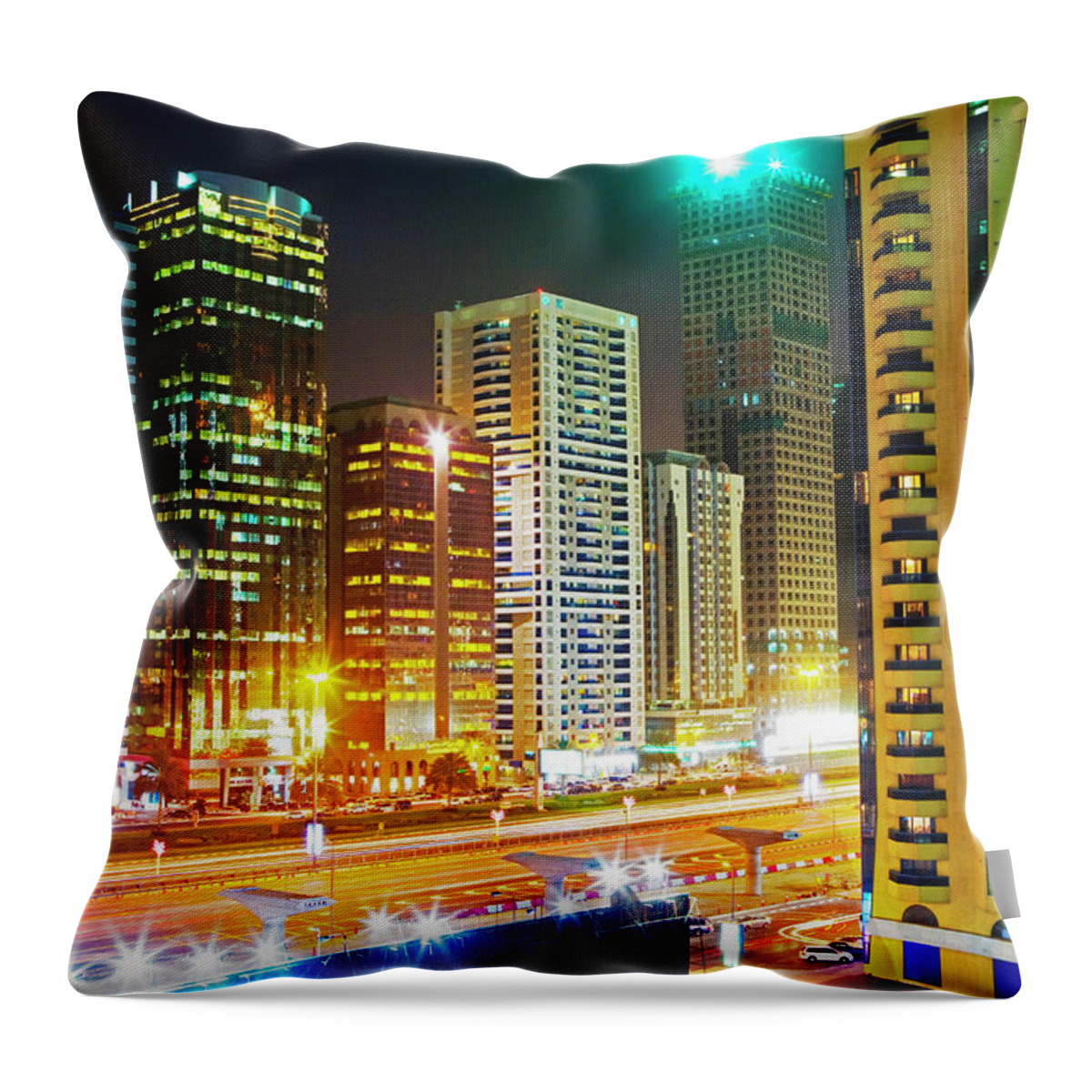Tranquility Throw Pillow featuring the photograph Skyscrapers On Sheikh Zayed Road, Night by Scott E Barbour