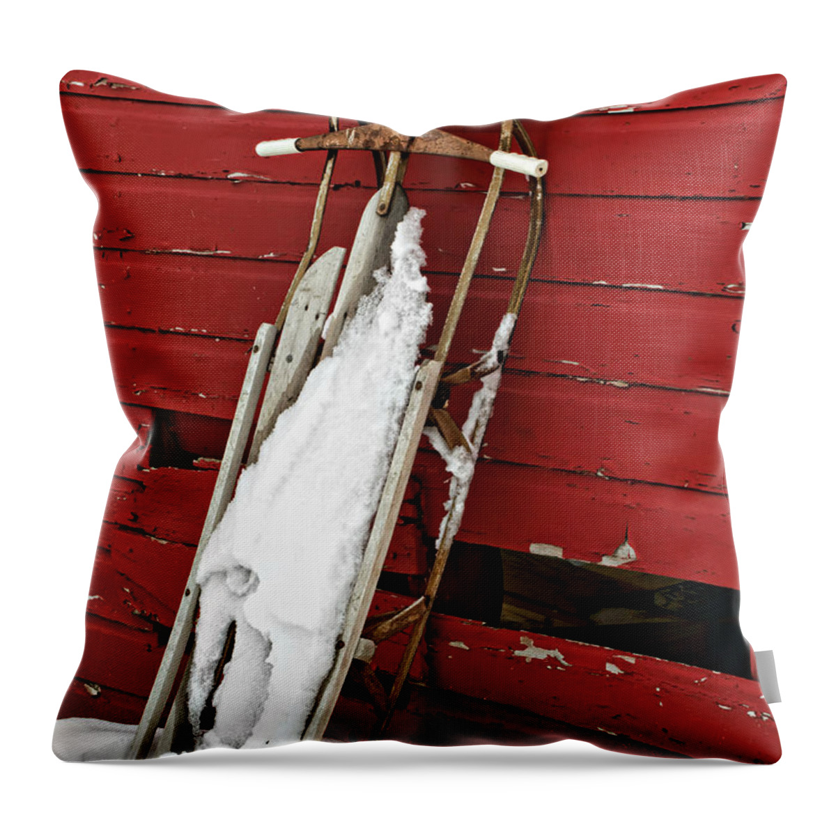 Sled Throw Pillow featuring the photograph Sled on Red #2 by Nikolyn McDonald