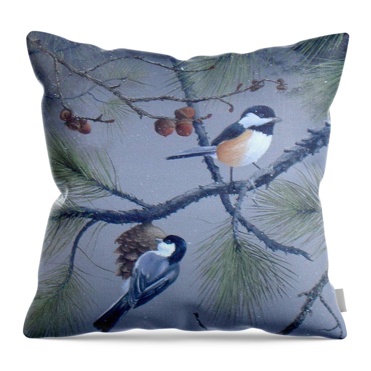 Black Capped Chickadee Throw Pillow featuring the painting Slim Pickings by Michael Allen