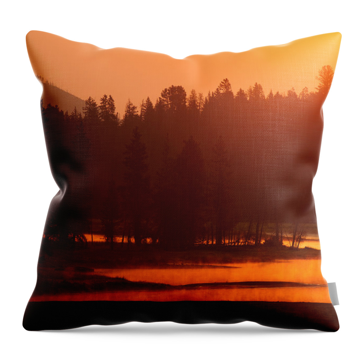 Smoke Throw Pillow featuring the photograph Smoky Sunrise at Yellowstone's Fishing Bridge by Bruce Gourley