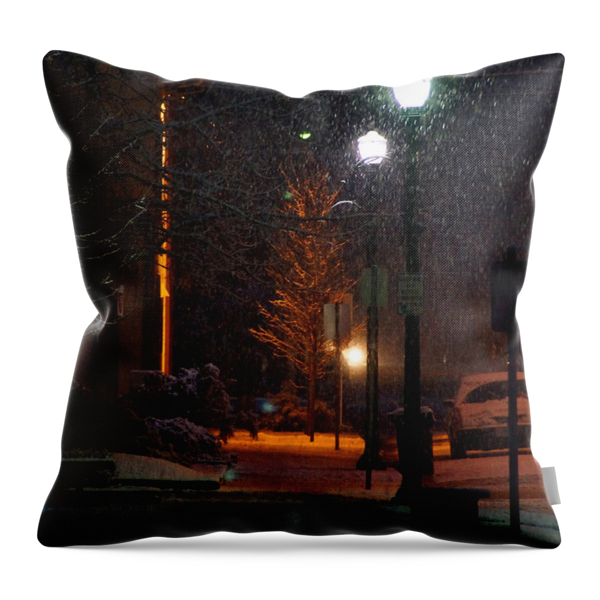 Snow Throw Pillow featuring the photograph Snow in Downtown Grants Pass - 5th Street by Mick Anderson