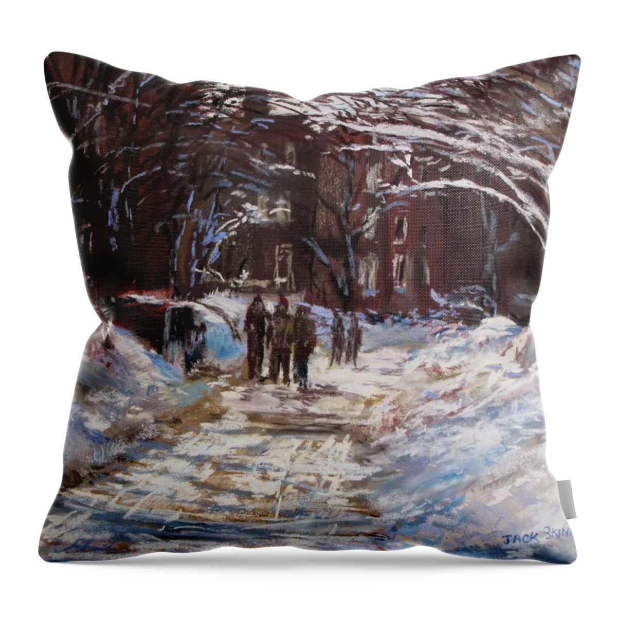  Snow Throw Pillow featuring the painting Snow in The City by Jack Skinner