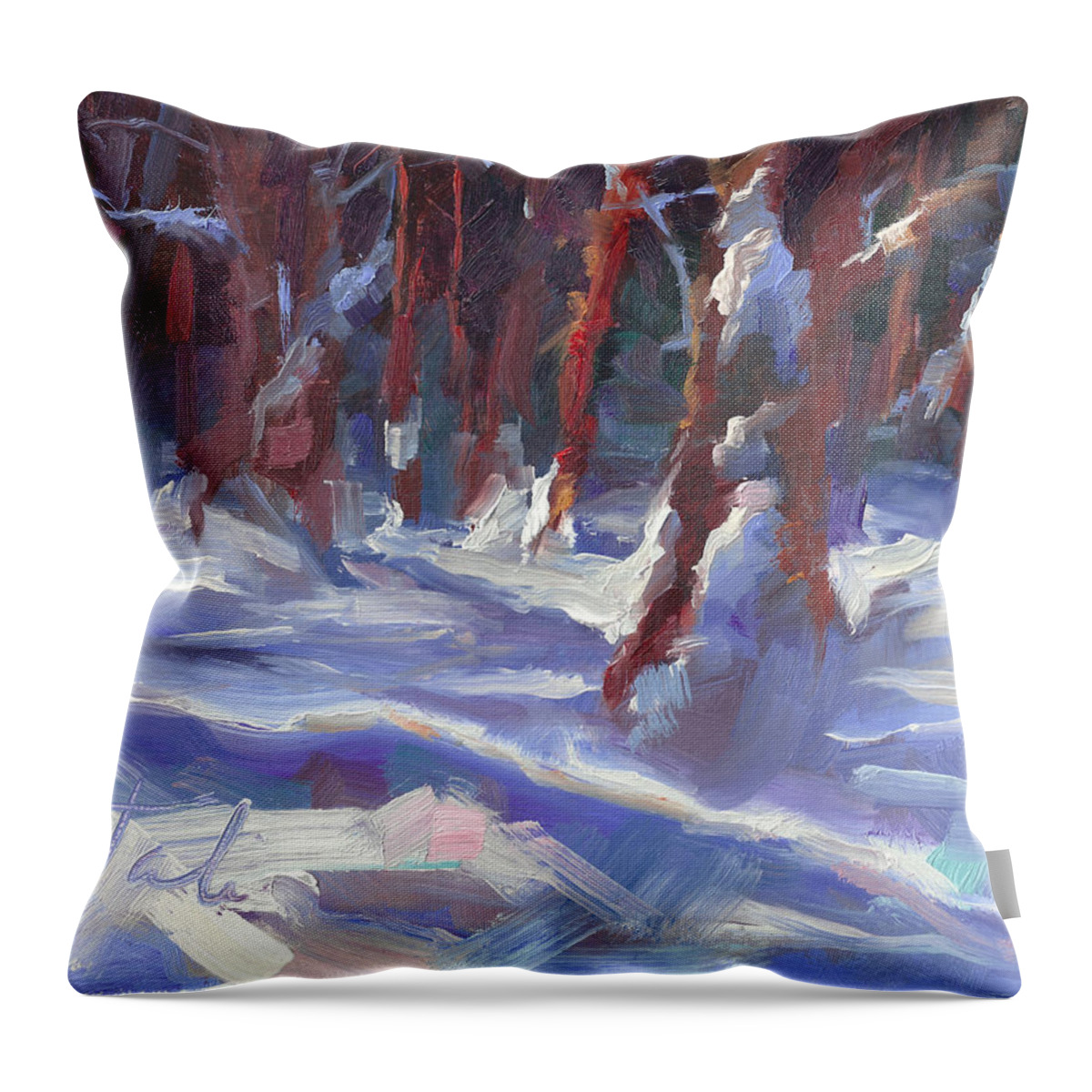 Impressionism Throw Pillow featuring the painting Snow Laden - winter snow covered trees by Talya Johnson