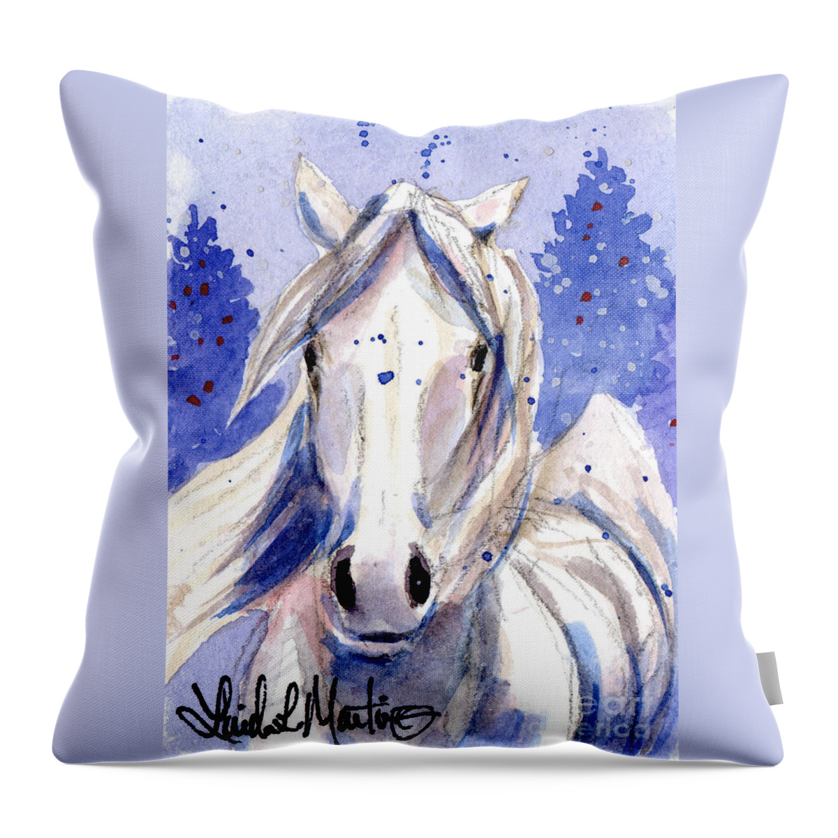 White Pony Throw Pillow featuring the painting Snow Pony 2 by Linda L Martin