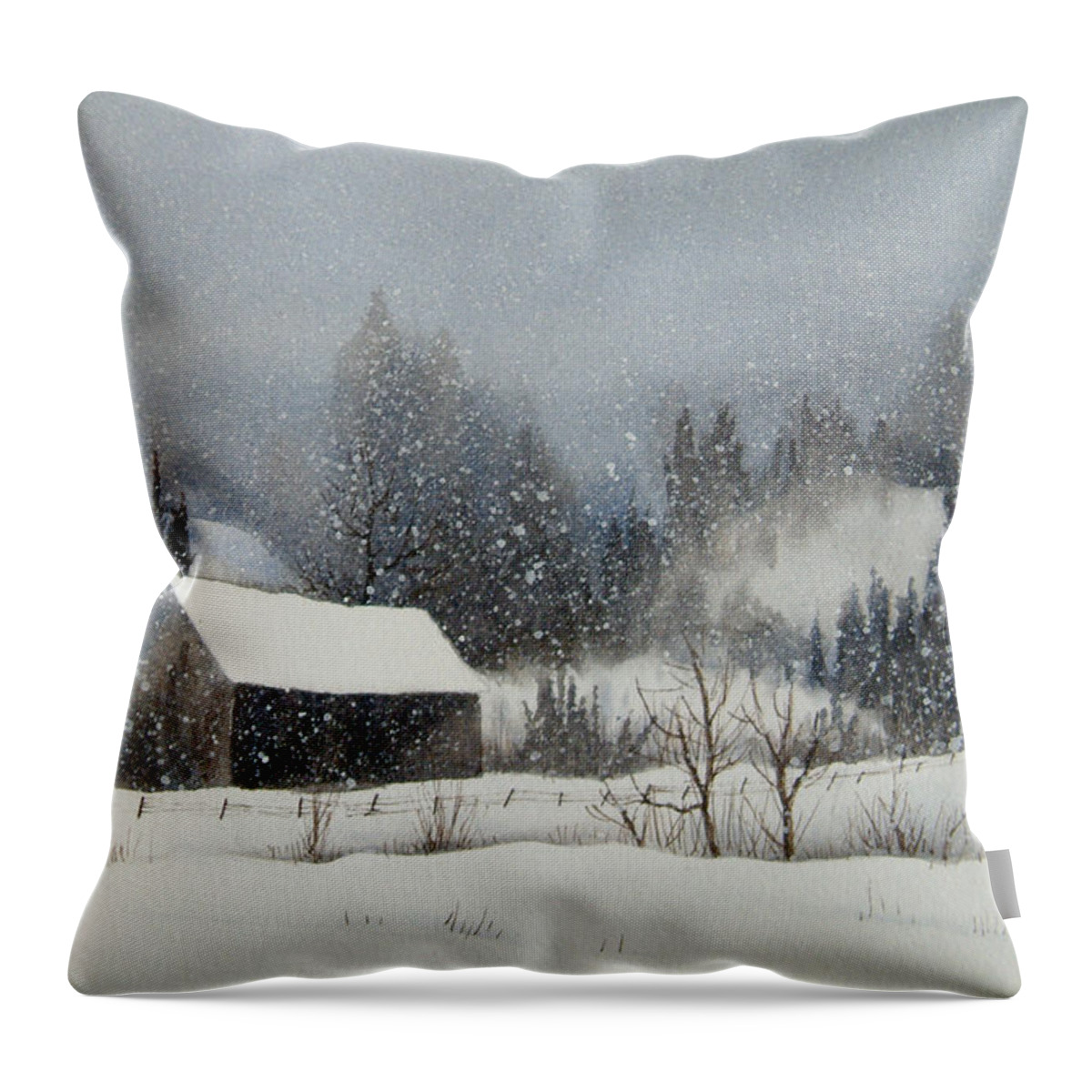 Watercolor Throw Pillow featuring the painting Snow Softly by Karen Richardson