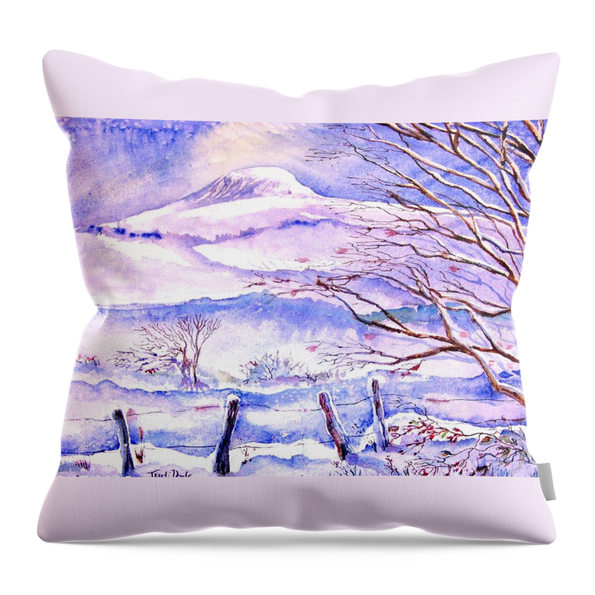  Snowfall Throw Pillow featuring the painting Snowfall on Eagle Hill Hacketstown Ireland by Trudi Doyle