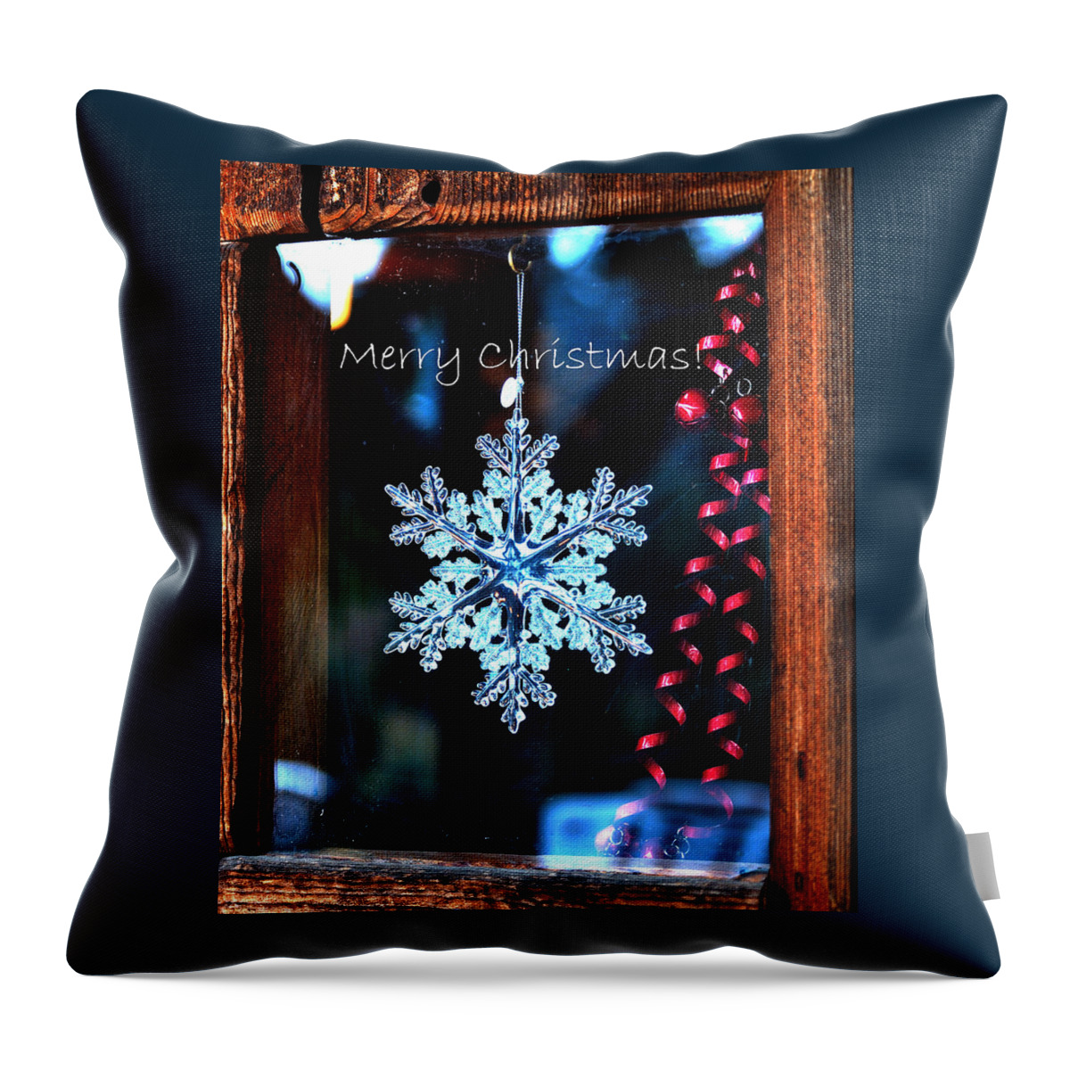 Christmas Throw Pillow featuring the pyrography Snowflake In Window Text 20507 by Jerry Sodorff