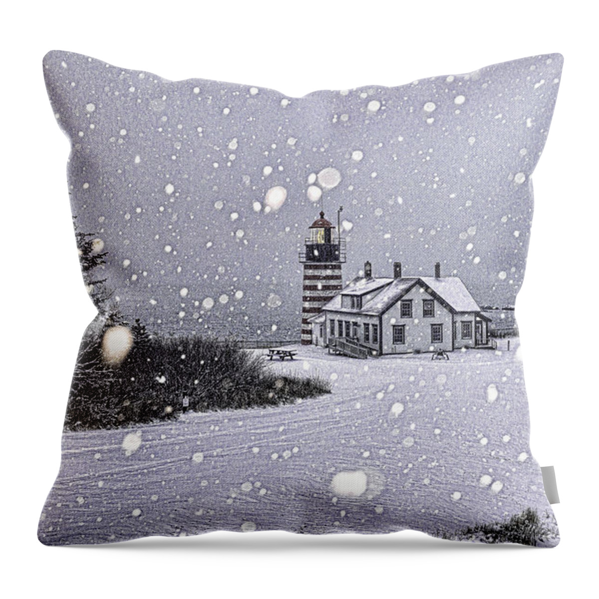 Snowing At West Quoddy Head Lighthouse Throw Pillow featuring the photograph Snowing at West Quoddy Head Lighthouse by Marty Saccone