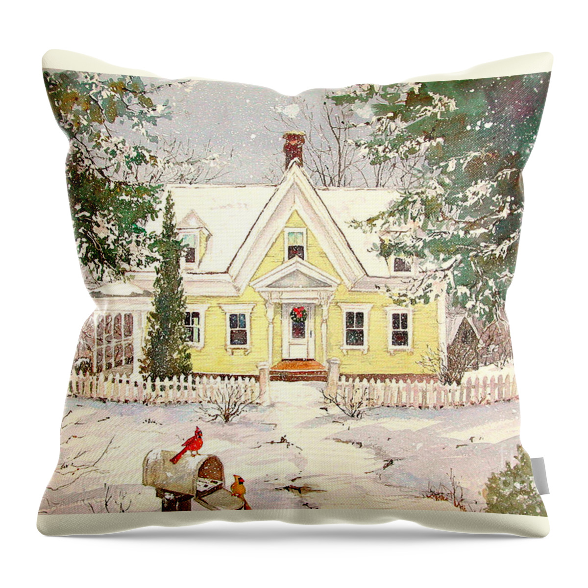 Winter Landscape Throw Pillow featuring the painting Snowing in Woodstock by Sherri Crabtree