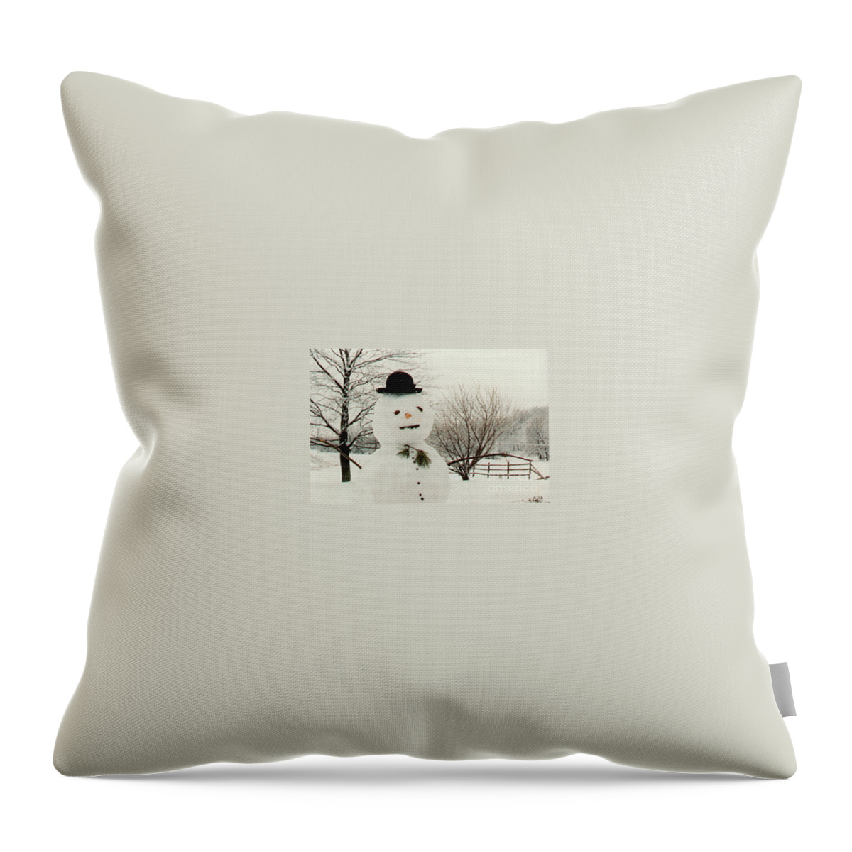 Winter Throw Pillow featuring the photograph Snowman Enjoying a Snowy Day by Anna Lisa Yoder