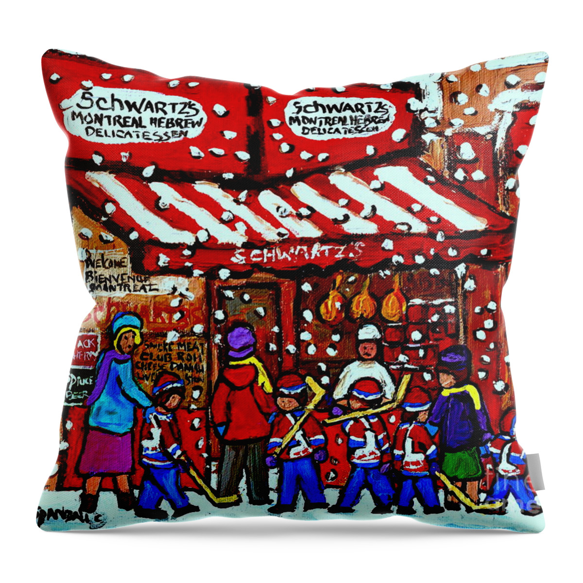 Montreal Throw Pillow featuring the painting Snowy Day Montreal Paintings Schwarts Deli Smoked Meat After The Hockey Game Carole Spandau Art by Carole Spandau