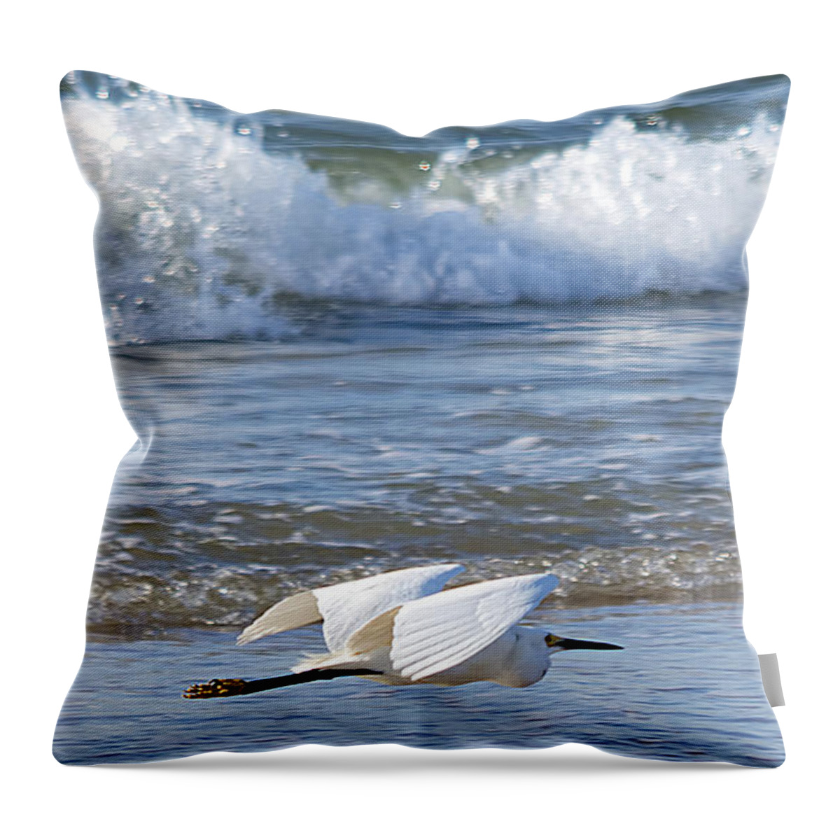 Wildlife Throw Pillow featuring the photograph Snowy Egret and Waves by Kenneth Albin
