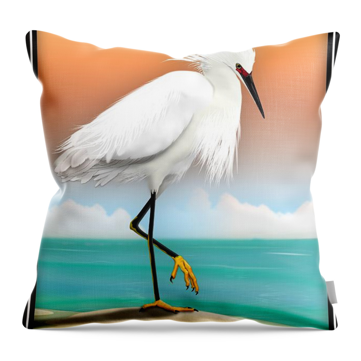 White Egret Throw Pillow featuring the digital art Snowy Egret White Heron On Beach by John Wills