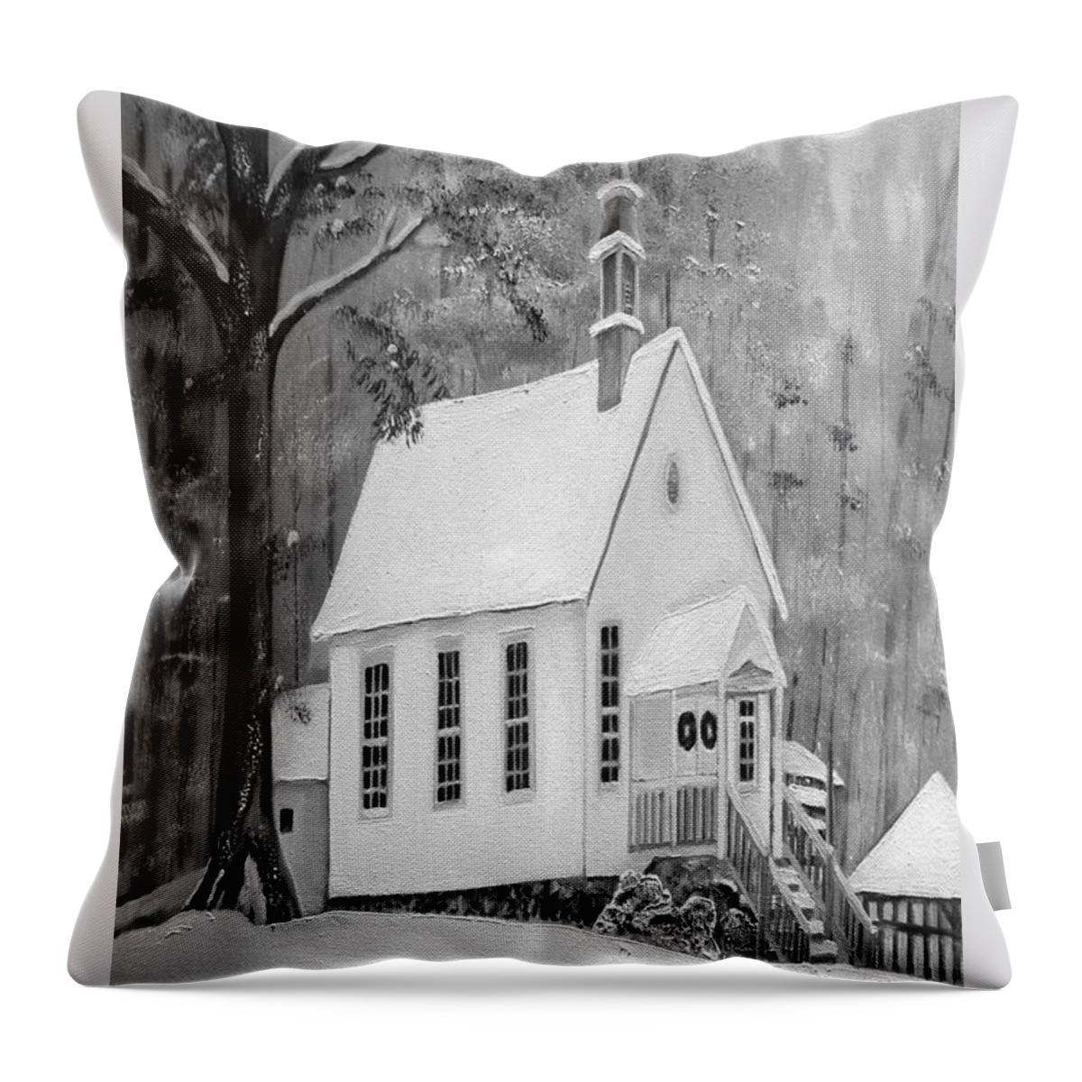 Gates Chapel United Methodist Church In Ellijay Throw Pillow featuring the painting Snowy Gates Chapel -White Church - Portrait view by Jan Dappen