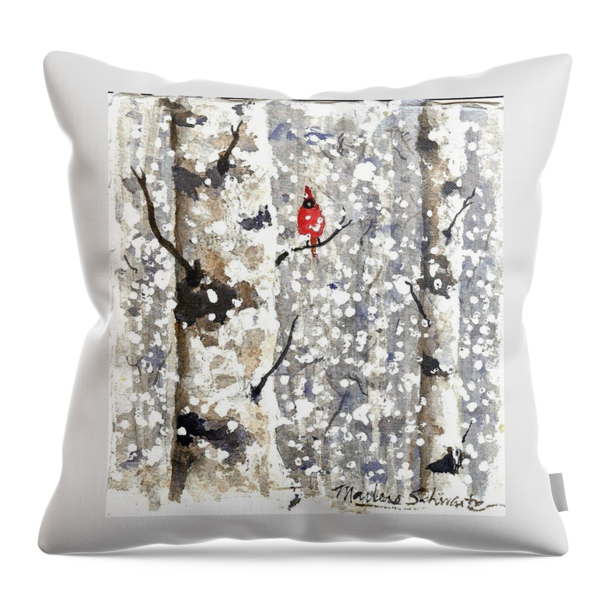 Winter Throw Pillow featuring the painting Snowy Hello by Marlene Schwartz Massey