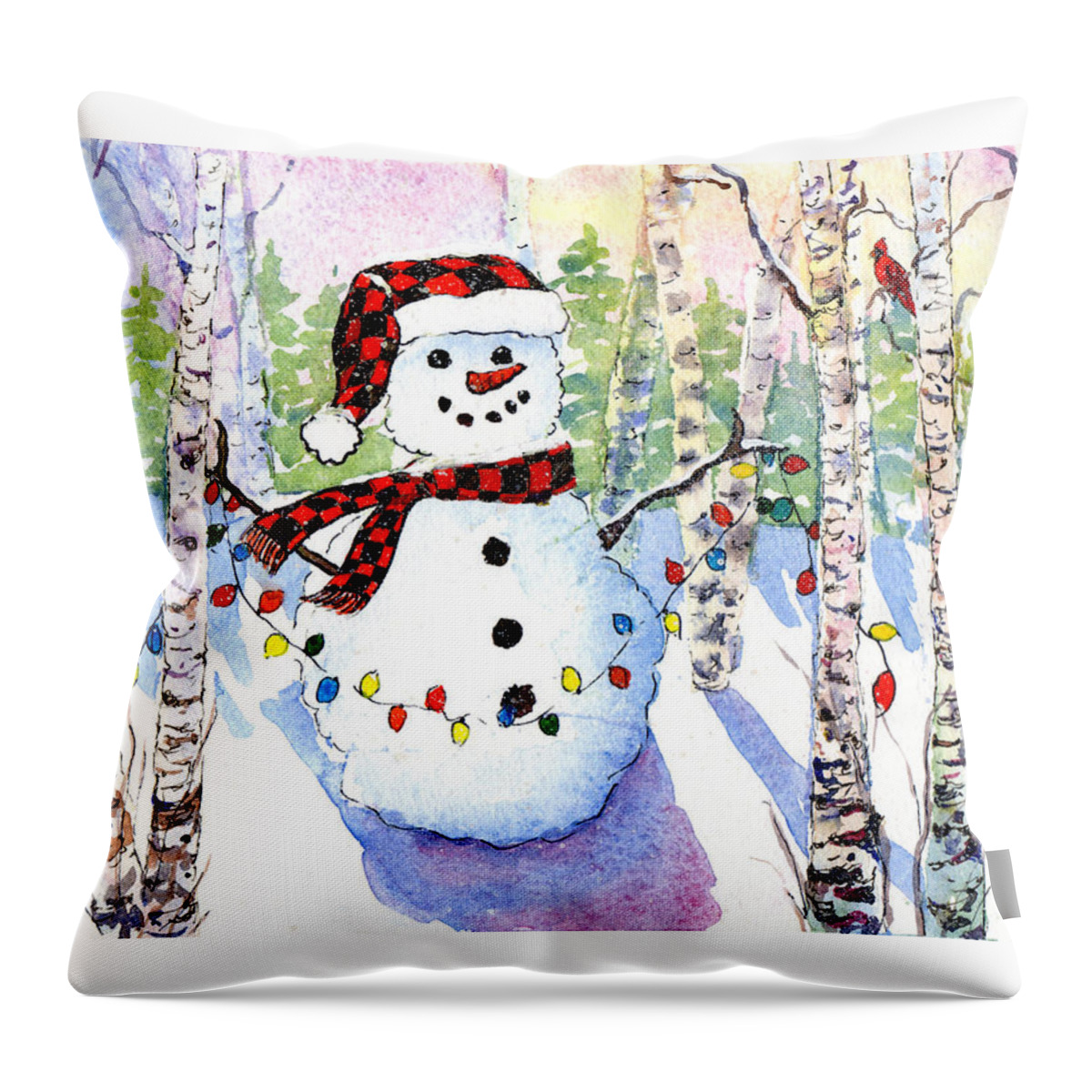 Snowman Throw Pillow featuring the painting Snowy Wishes by Mary Giacomini