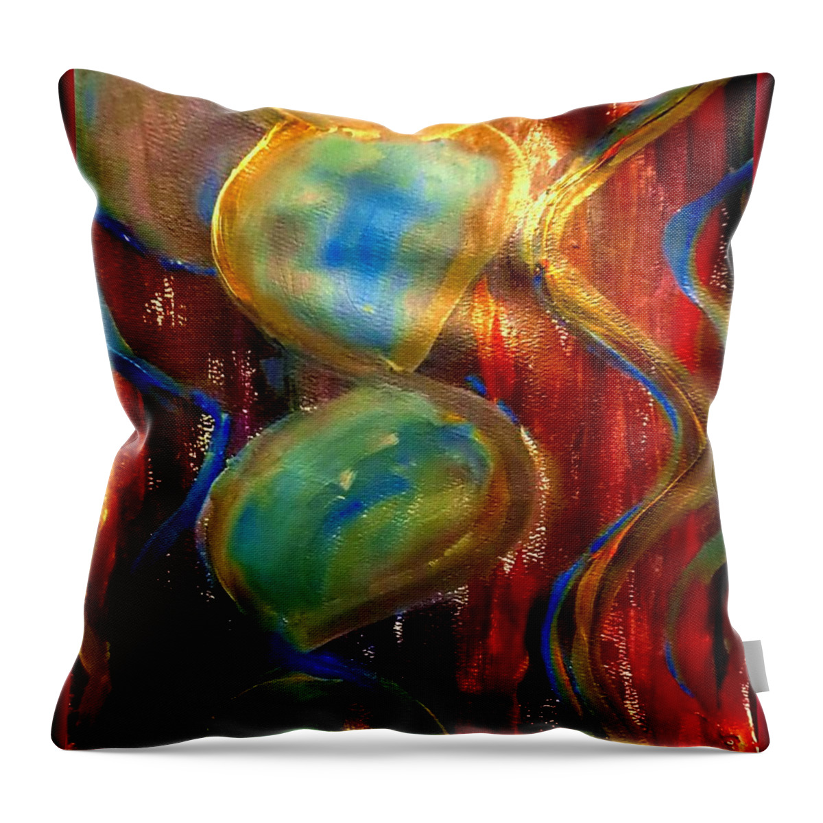 Floating Bubbles Streaming Down In Succession Of One Another Blues Greens Golds Reds And Oranges Hint Of Purple Swirling Lines Floating Down Abstract And Organic Luminous Abstract Psychedellic Colors Acrylic Painting Throw Pillow featuring the mixed media So Organic by Kimberlee Baxter