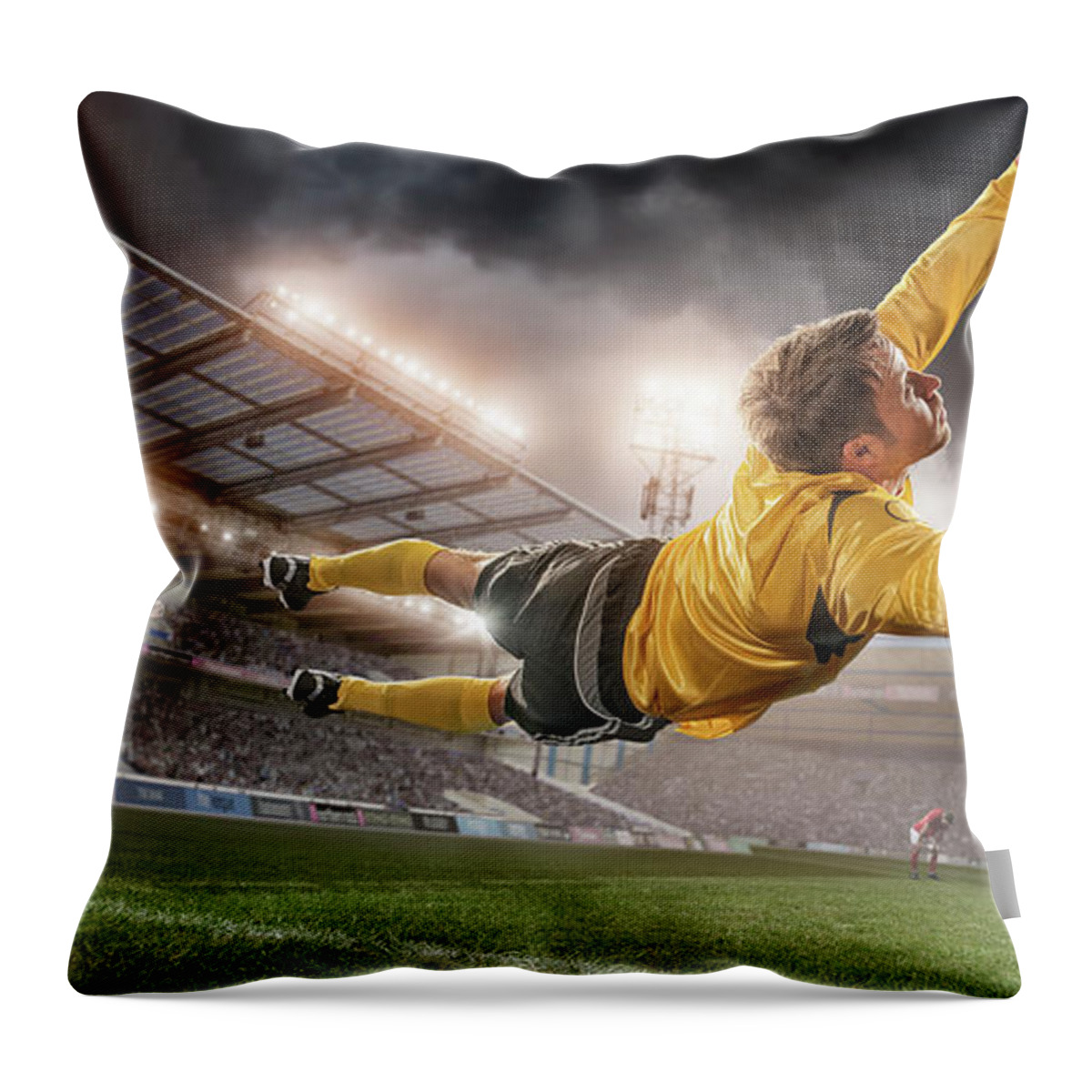 Soccer Uniform Throw Pillow featuring the photograph Soccer Goalie In Mid Air Save by Peepo