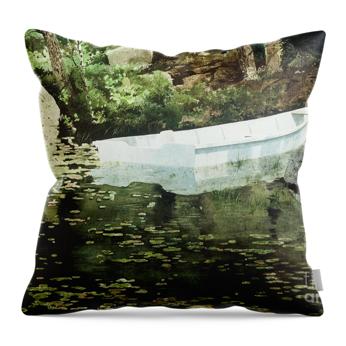 A White Boat Floats In A Quiet Pond On Southport Island Just Across The Bridge From Boothbay Harbor Throw Pillow featuring the painting Solitude by Monte Toon