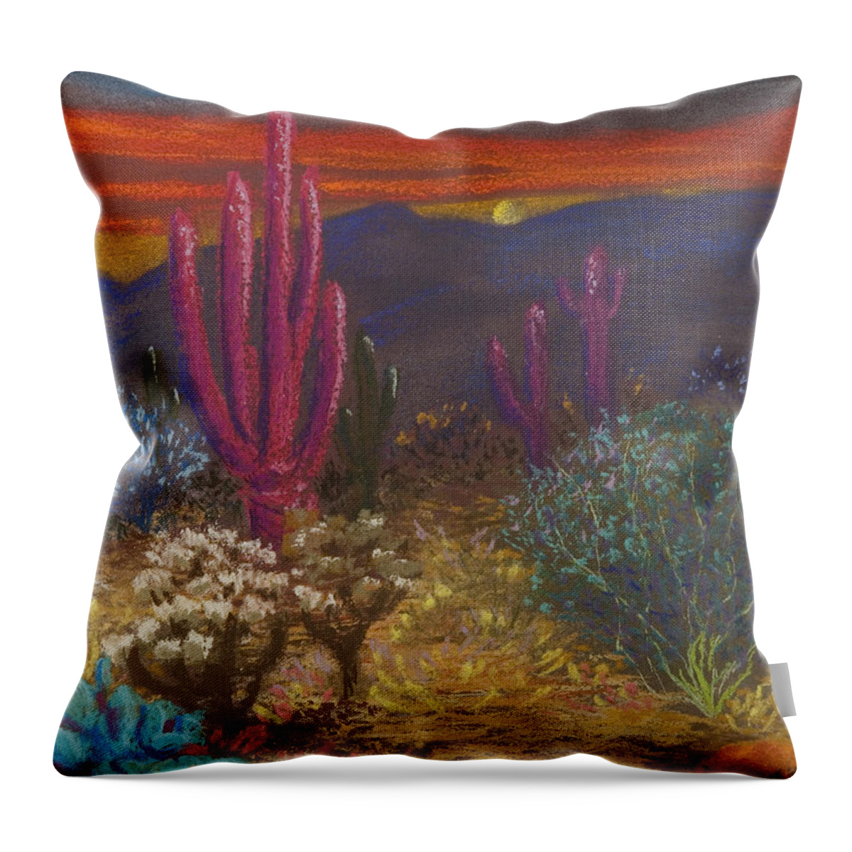 Saguaro Cactus Tucson Arizona Desert Catalina Mountains Landscape Sonora Nature Throw Pillow featuring the pastel Sonoran Sentinels by Brenda Salamone