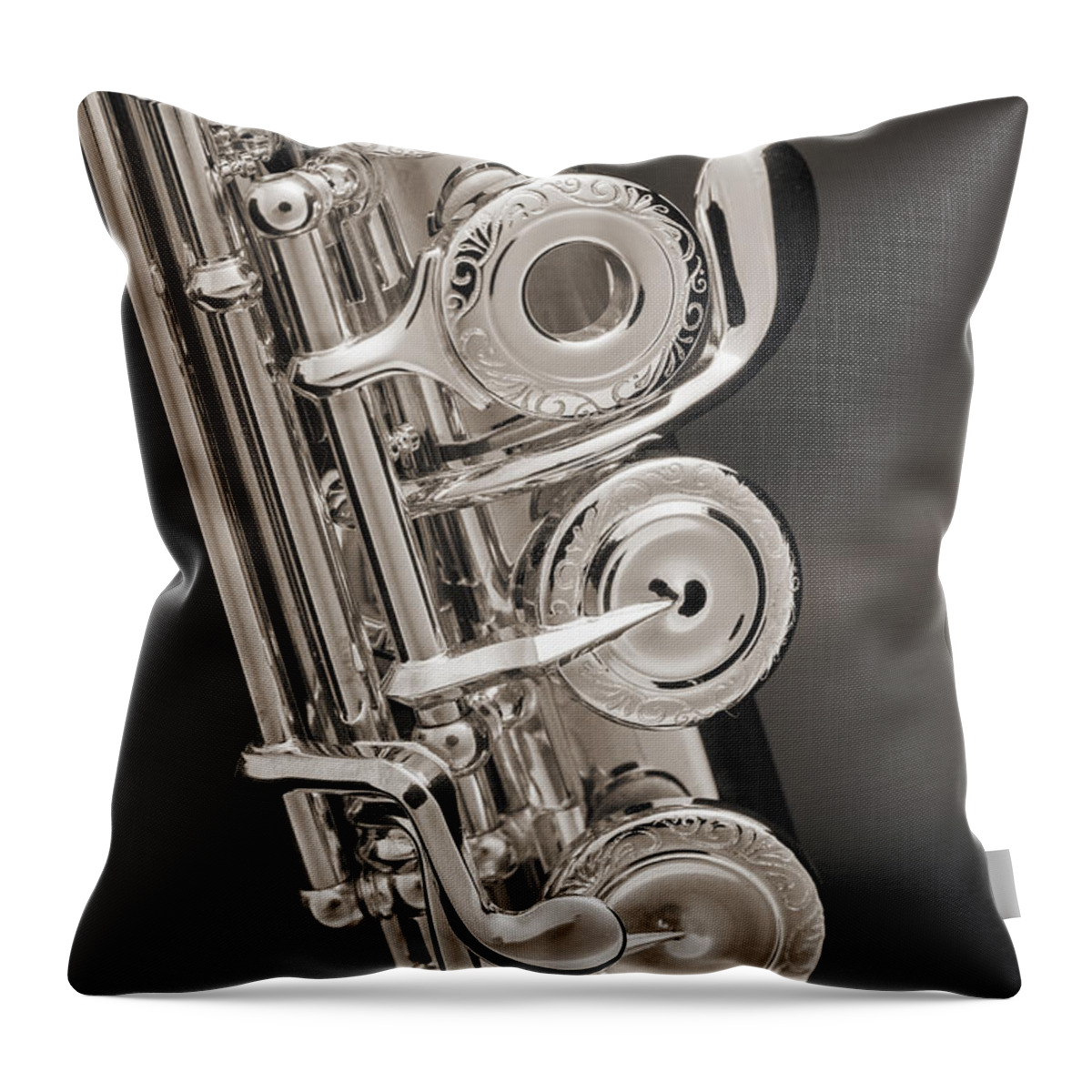 Flute Throw Pillow featuring the photograph Soprano Flute Music Instruments Photo in Sepia 3441.01 by M K Miller