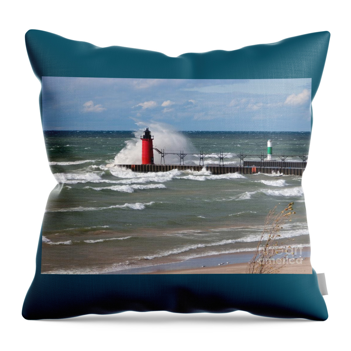 Lighthouse Throw Pillow featuring the photograph South Haven Splash by Ann Horn