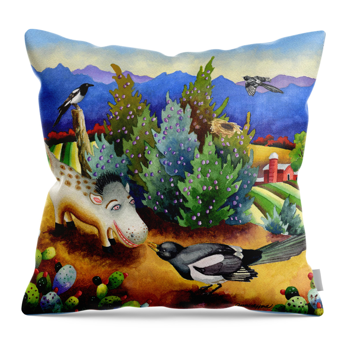 Spike The Dhog Painting Throw Pillow featuring the painting Spike the Dhog Meets a Magpie by Anne Gifford
