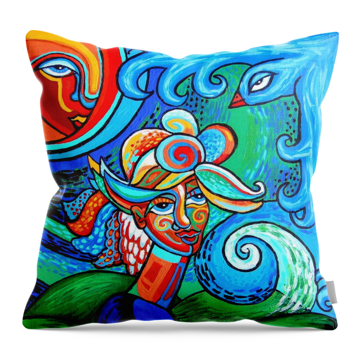 Woman Throw Pillow featuring the painting Spiral Bird Lady by Genevieve Esson